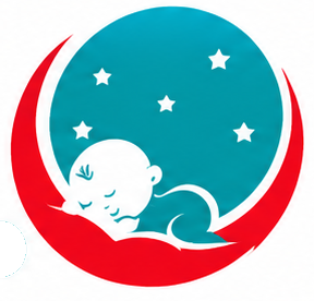 HALLO BABY baby icon: a sleeping baby on a red crescent moon